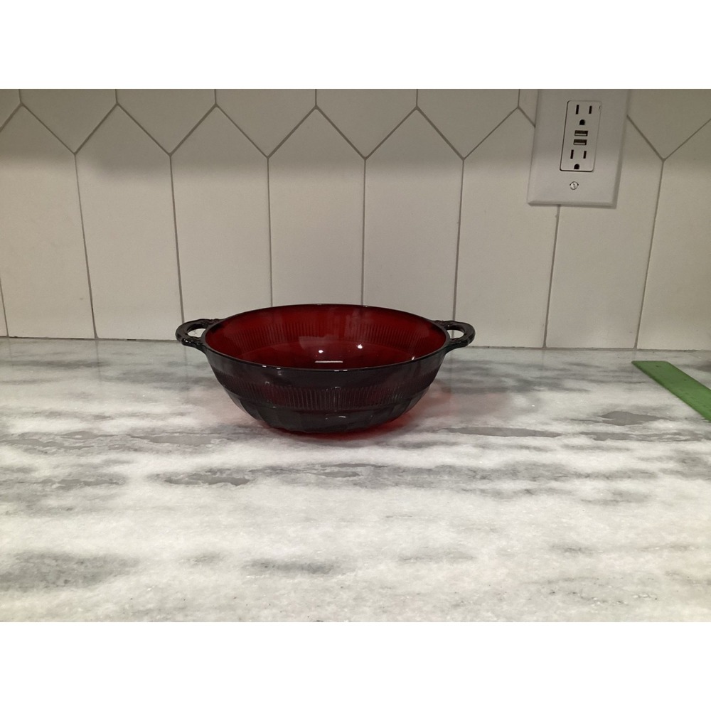 Vintage Anchor Hocking Red Glass 8" Royal Ruby Coronation Handled Serving Bowl